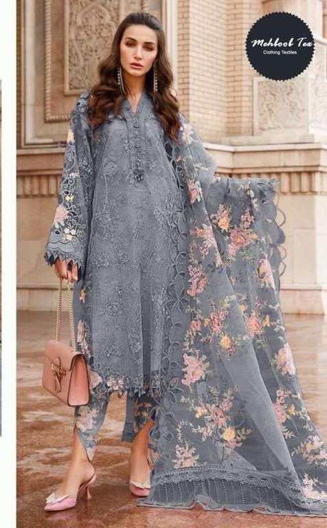 Mehboob Tex M-1208-E Grey Semi Stitched Organza Embroidered Pakistani Dress